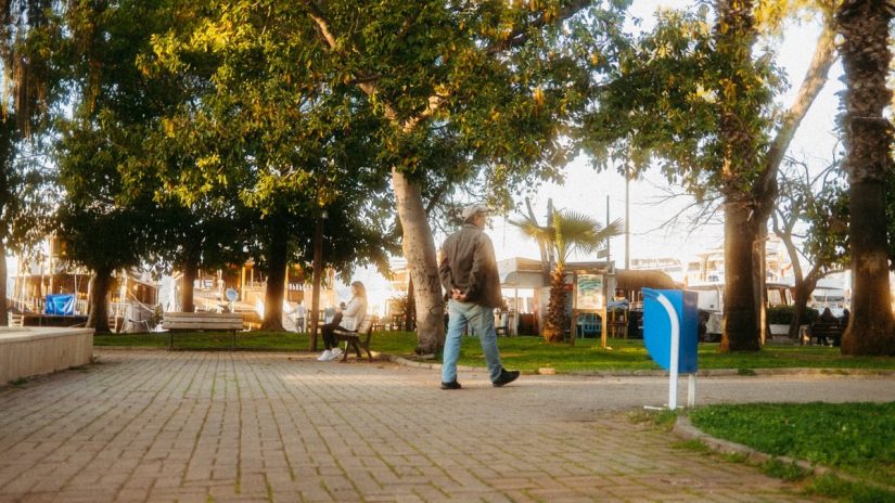 A serene scene of people enjoying a sunny afternoon walk in a lush green park.
